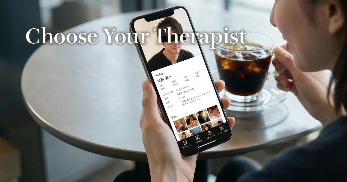 Woman browsing male therapist profiles and photo diaries on her phone over coffee