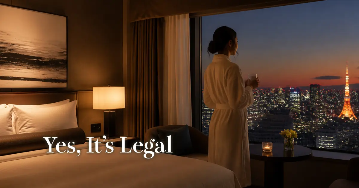 Woman in a bathrobe looking out at Tokyo city lights from her hotel room at dusk
