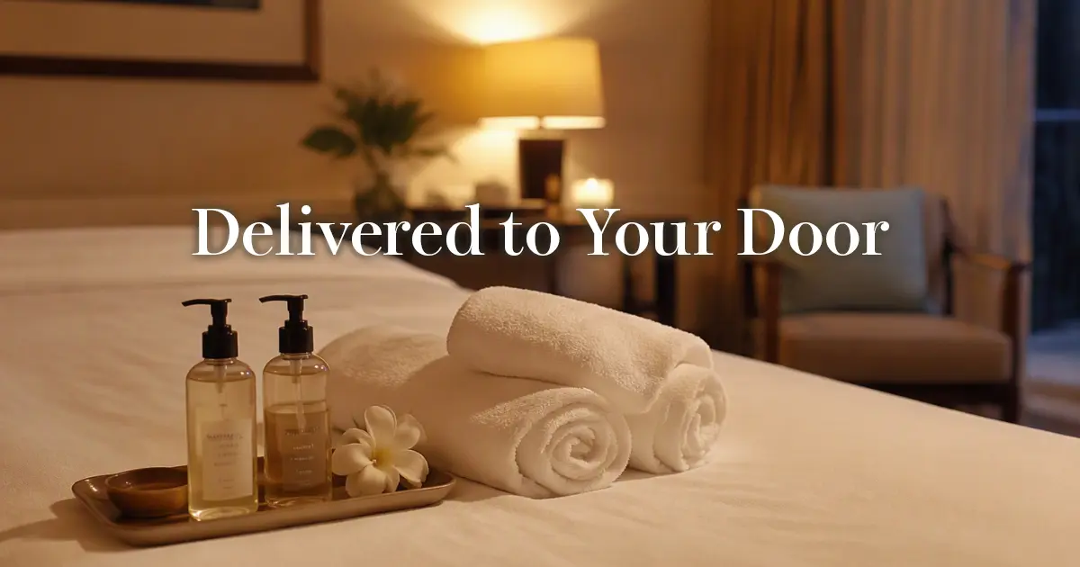 Massage oils and fresh towels prepared on white linens in a softly lit hotel room