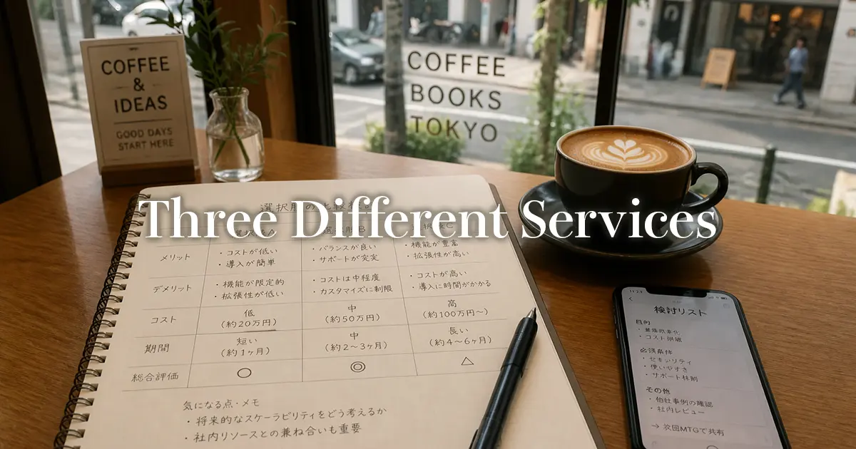 Notebook, coffee, and a phone on a cafe table while weighing options in Tokyo