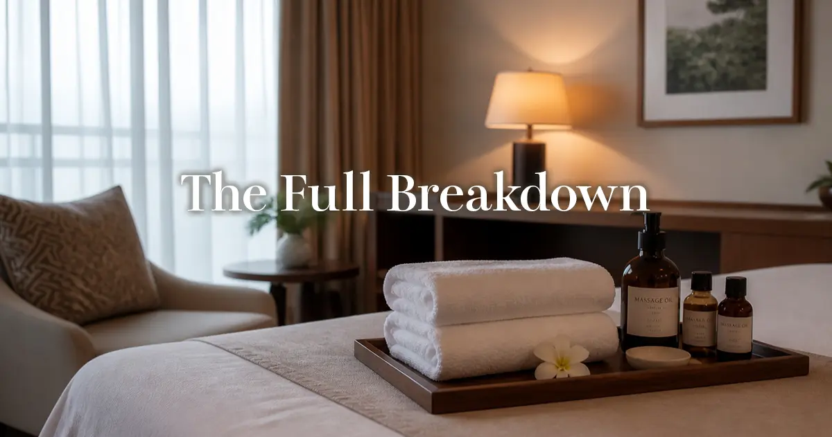 Folded white towels and massage oil arranged neatly in a calm hotel room
