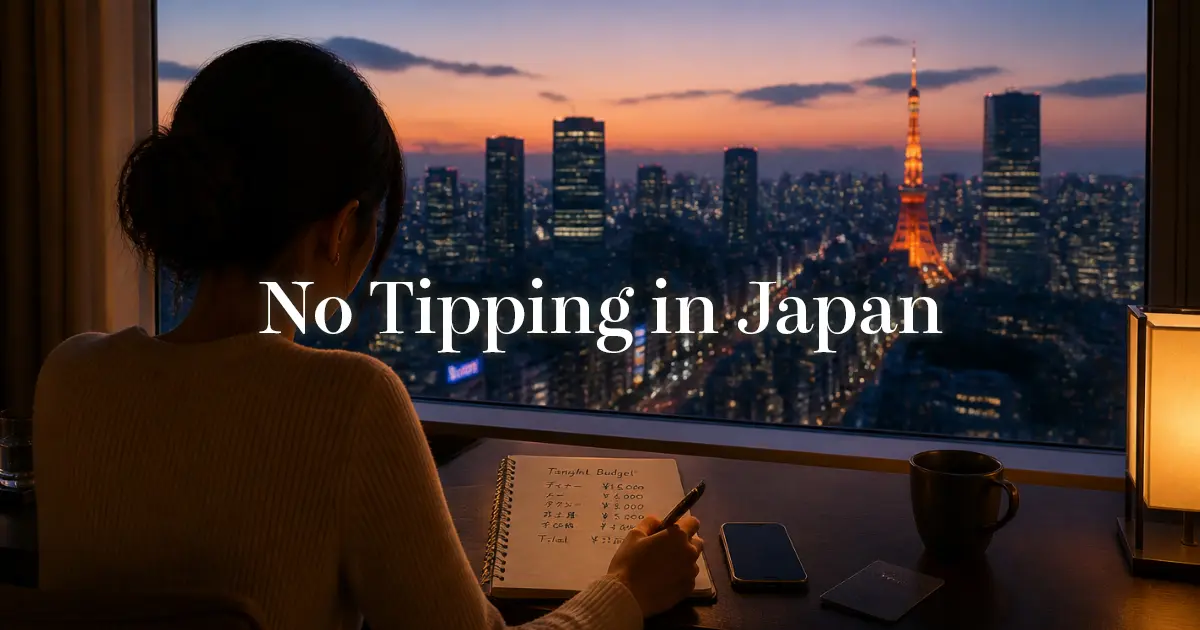 Woman planning her evening budget by a hotel window at dusk in Tokyo