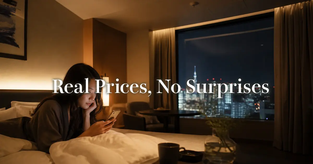 Woman checking prices on her phone in a softly lit Tokyo hotel room at night