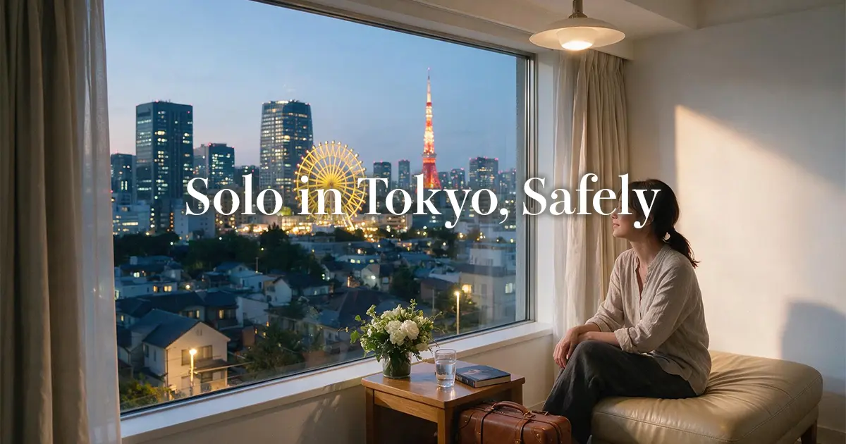 Solo female traveler unwinding by her Tokyo hotel window at dusk