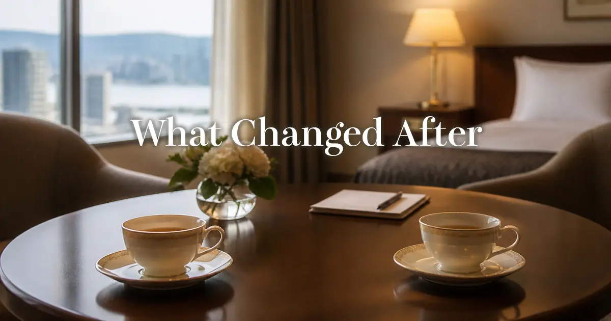 Two teacups on a hotel room table during an unhurried conversation