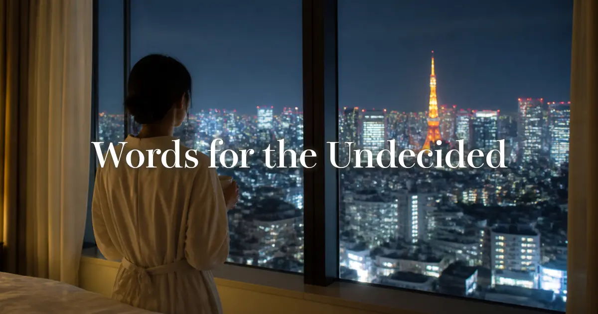 Woman gazing at the Tokyo night view from her hotel window, visibly relaxed