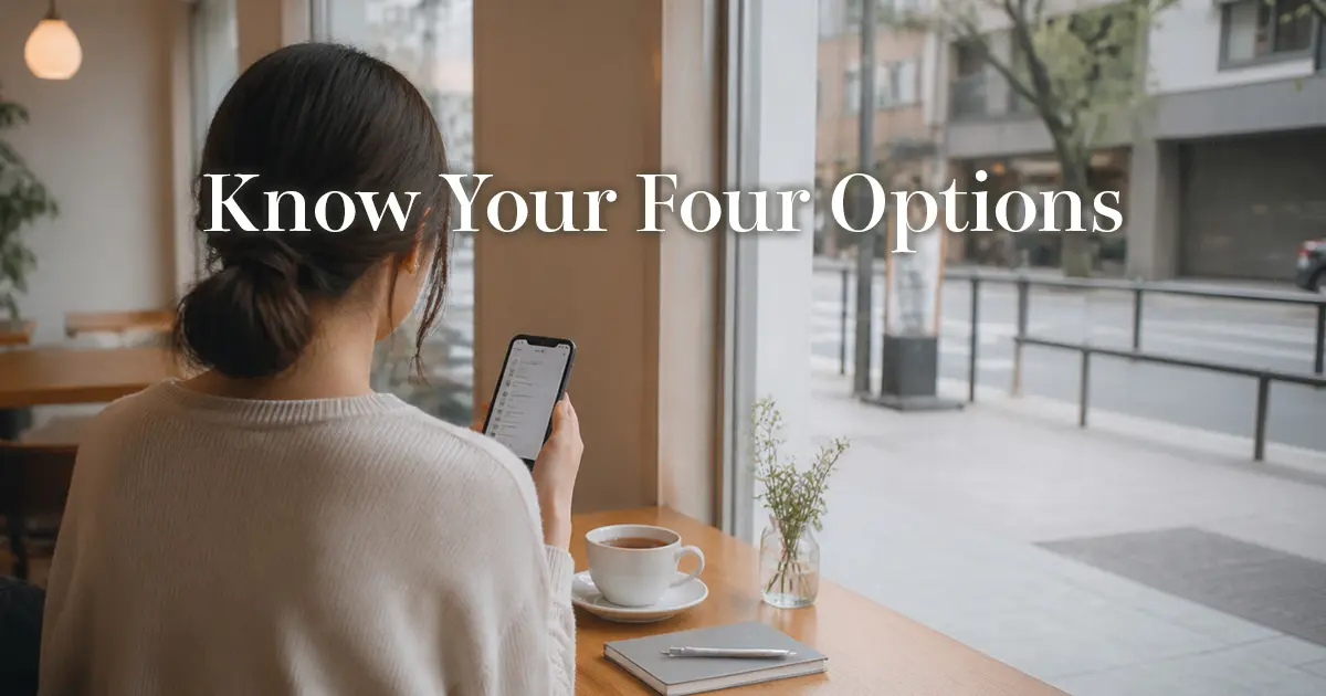 Woman seen from behind weighing her options over tea in a quiet Tokyo cafe