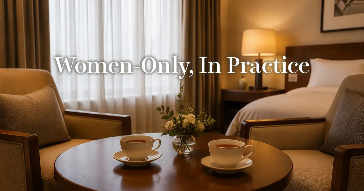 Tea for two set out in a calm hotel room before a counseling conversation