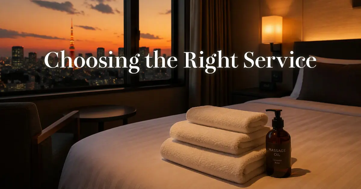 Tokyo hotel room at dusk with folded white towels and massage oil prepared on the bed